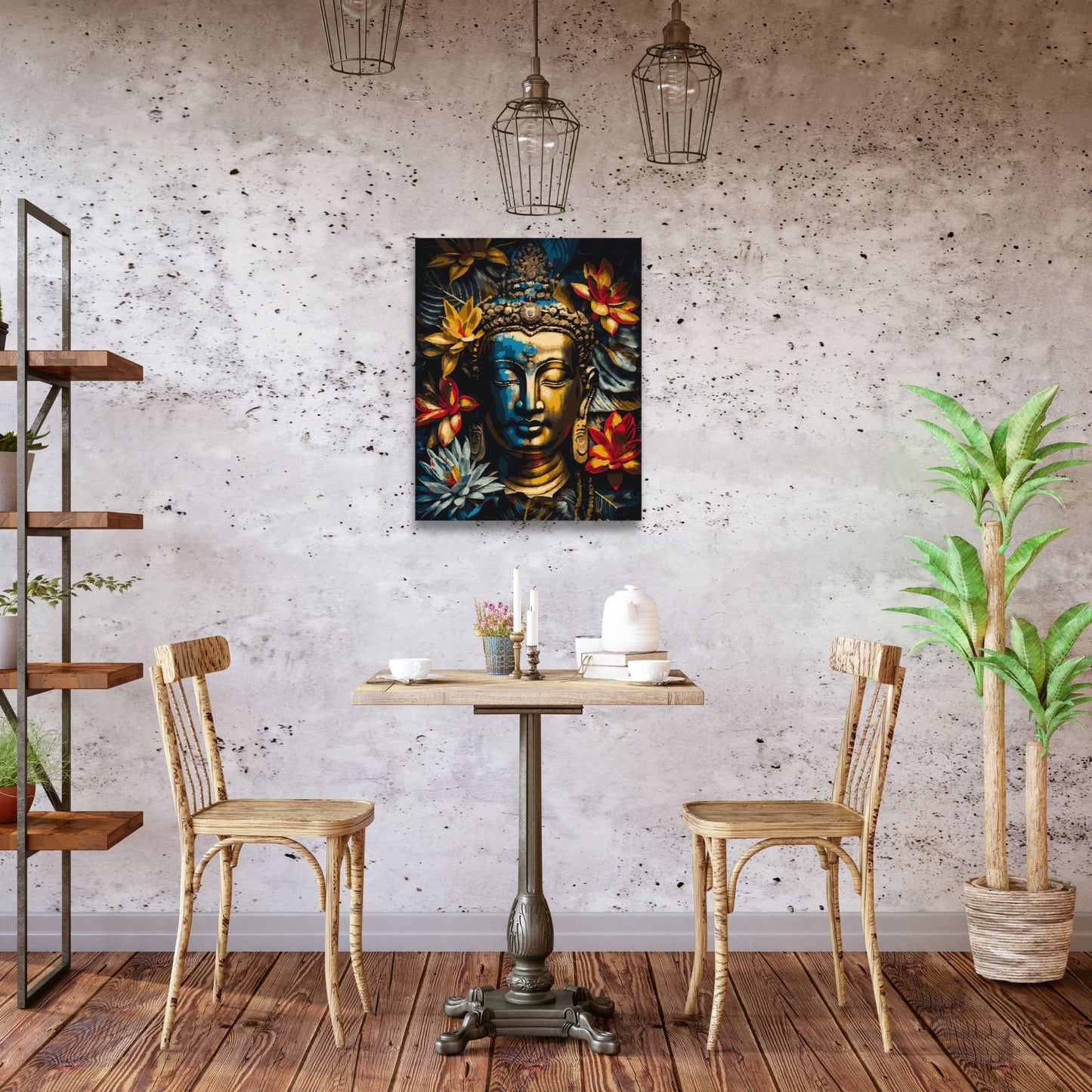 Coin repas de style rustique avec une table en bois et une peinture de Bouddha colorée, apportant une ambiance de sérénité et d'élégance dans un décor industriel et naturel.