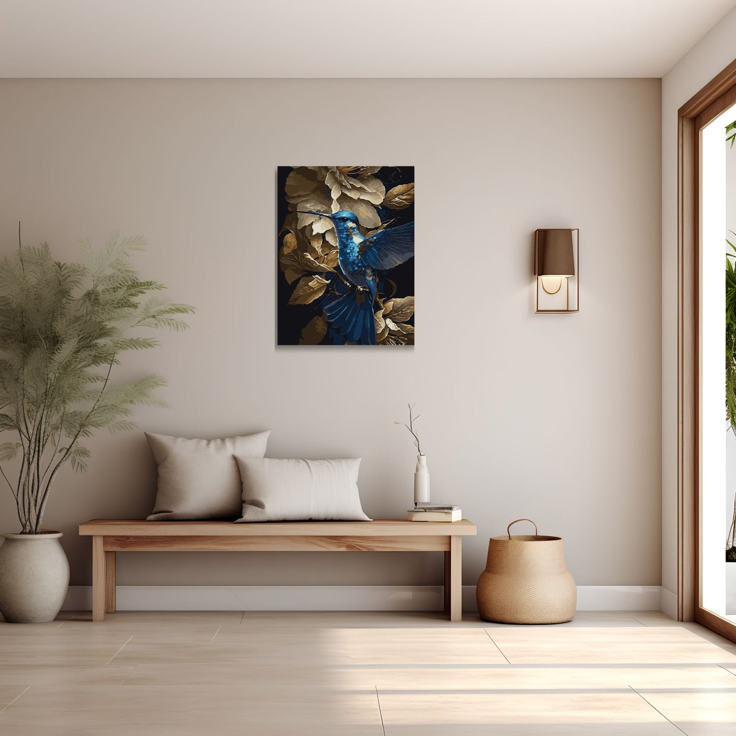 Intérieur minimaliste avec une peinture d’un oiseau bleu entouré de feuillages dorés accrochée au mur. Un banc en bois clair décoré de coussins et des éléments de décoration naturels, comme un panier tissé et une plante en pot, complètent l’espace.
