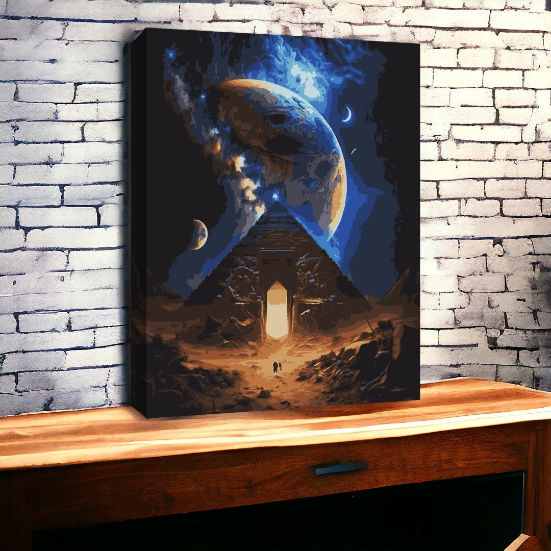 Une œuvre d’art captivante représentant une silhouette solitaire s’approchant d’une porte lumineuse sur une planète lointaine, sous un ciel nocturne parsemé d’étoiles et de corps célestes