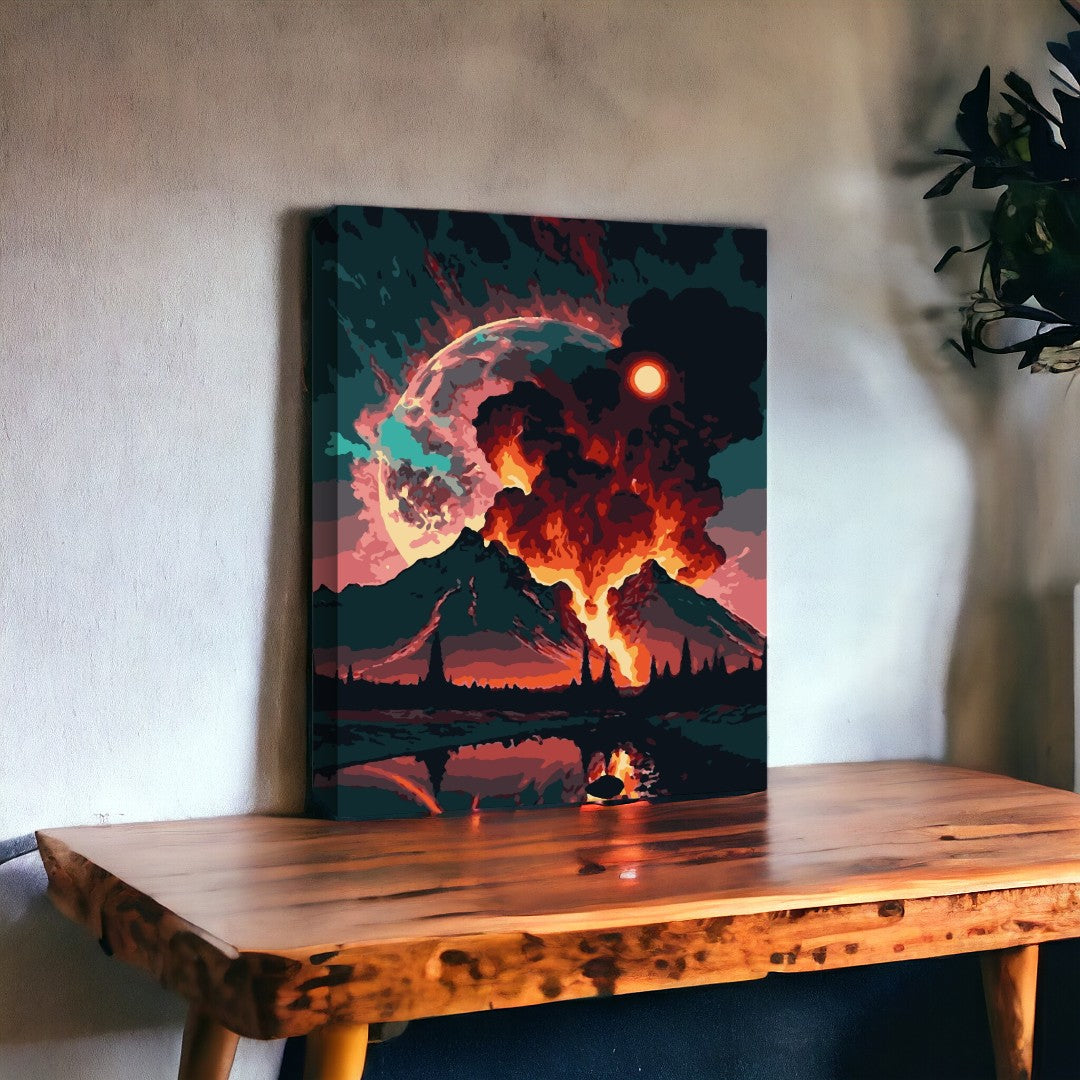 Une œuvre d’art moderne représentant un paysage montagneux avec un ciel dramatique, des nuages orageux et une planète lointaine, exposée sur un mur à côté d’une plante.