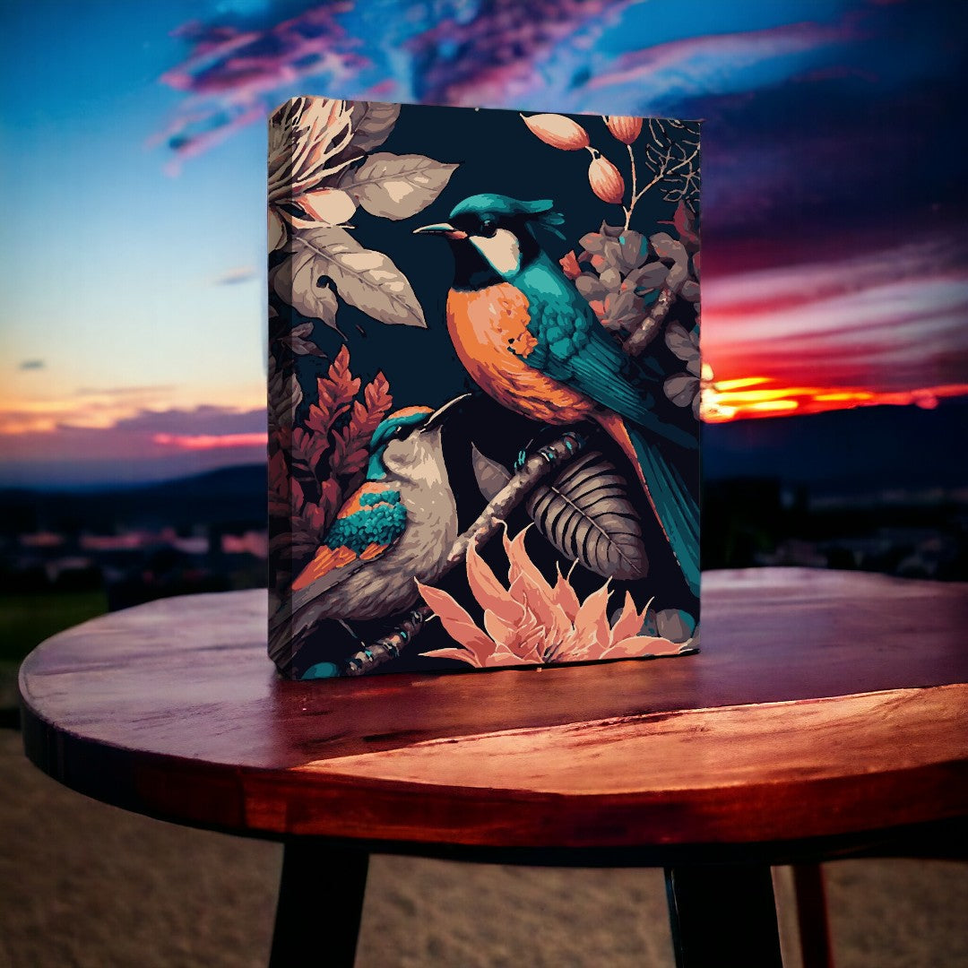 Une impression sur toile représentant deux oiseaux vibrants et colorés parmi un feuillage détaillé est exposée sur une table en bois, sur fond de coucher de soleil époustouflant avec des teintes de violet, orange et rouge illuminant le ciel.