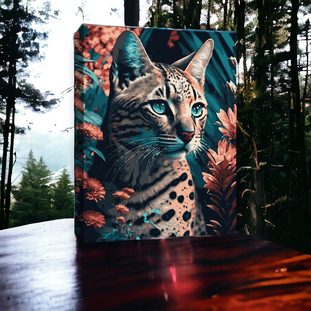 Une œuvre d’art représentant un Lynx aux yeux bleus, entouré de fleurs rouges et roses, est exposée sur une table en bois à l’extérieur, avec des arbres en arrière-plan