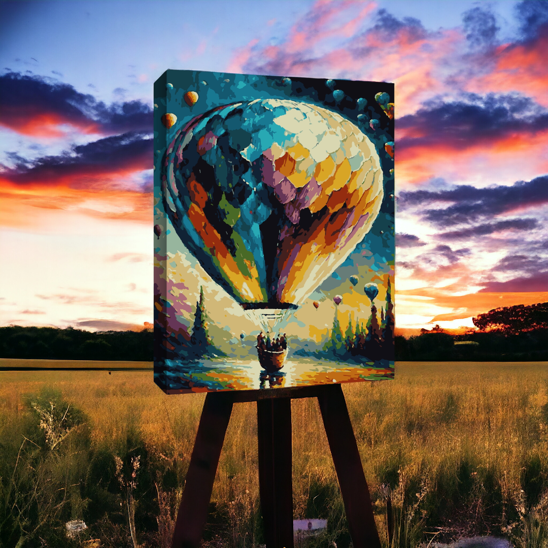 “Une peinture colorée d’une montgolfière survolant un paysage forestier est présentée sur un chevalet dans un champ, avec un ciel au coucher du soleil en arrière-plan
