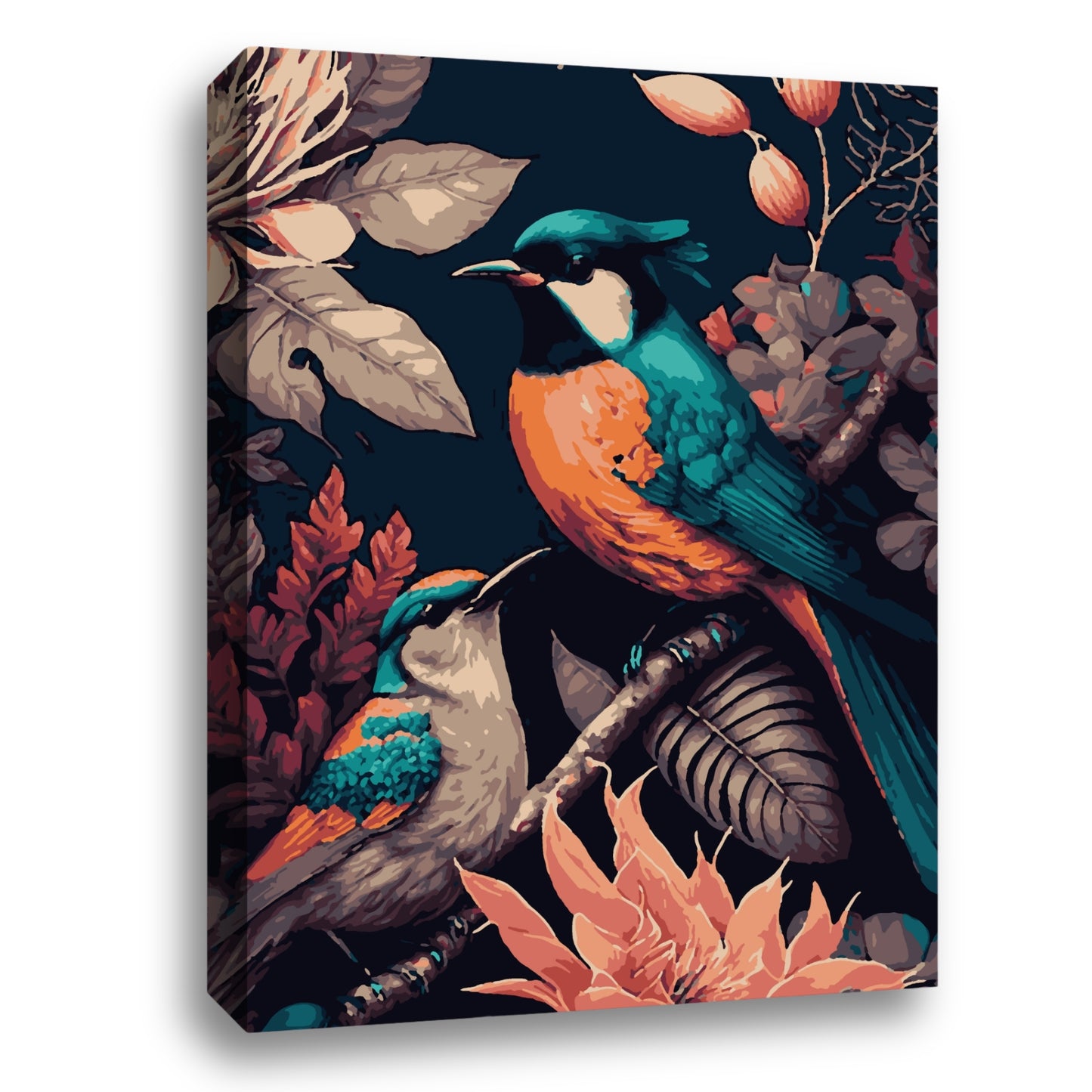 Illustration de deux oiseaux colorés perchés parmi les feuilles et les fleurs sur un fond sombre.
