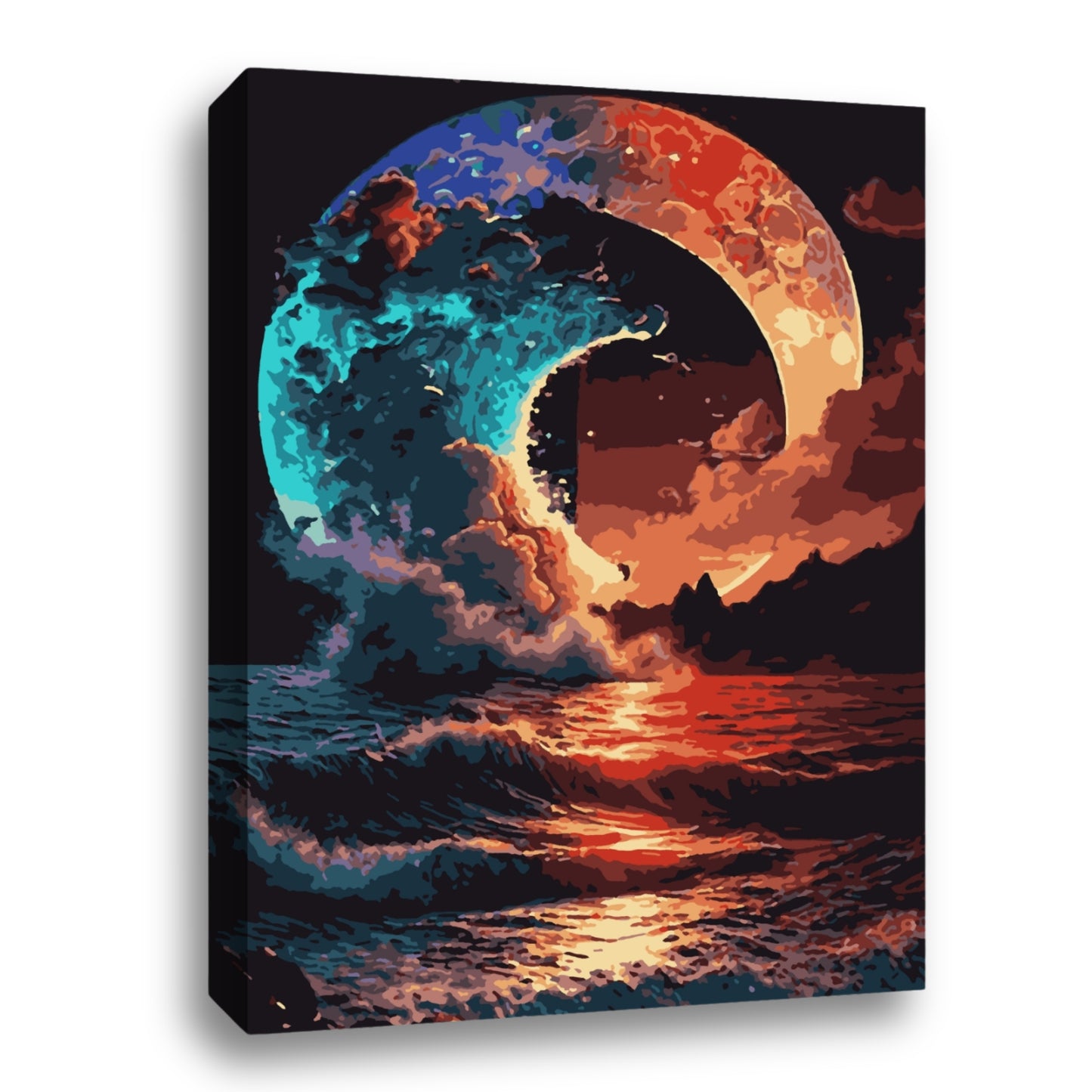 Une vague majestueuse se brisant sous un ciel nocturne éclairé par une lune pleine, créant une scène dramatique et colorée