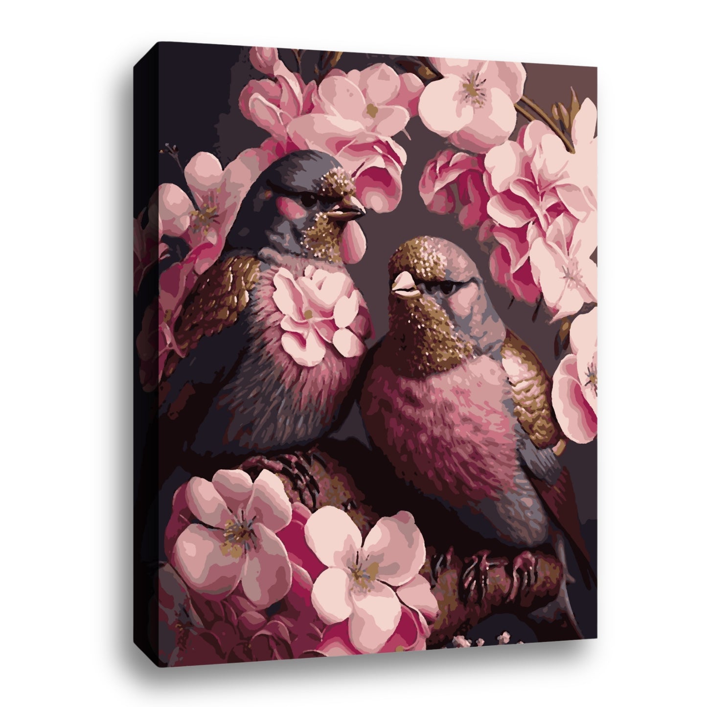 Deux pigeons aux plumes détaillées et colorées sont perchés parmi des fleurs de cerisier roses et blanches, créant une scène paisible et esthétique