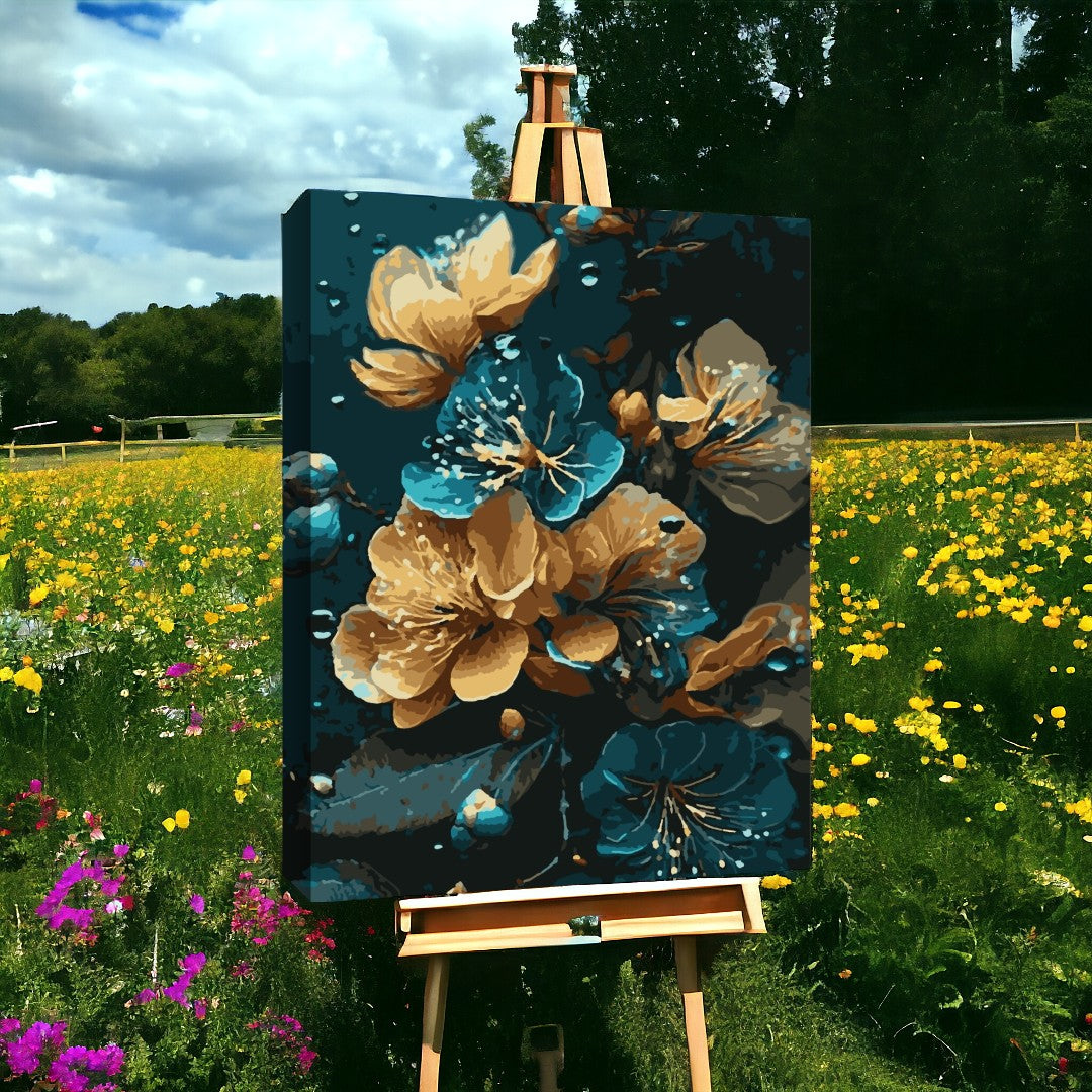 Une peinture de fleurs colorées et détaillées sur un chevalet, placée dans un champ fleuri sous un ciel nuageux.