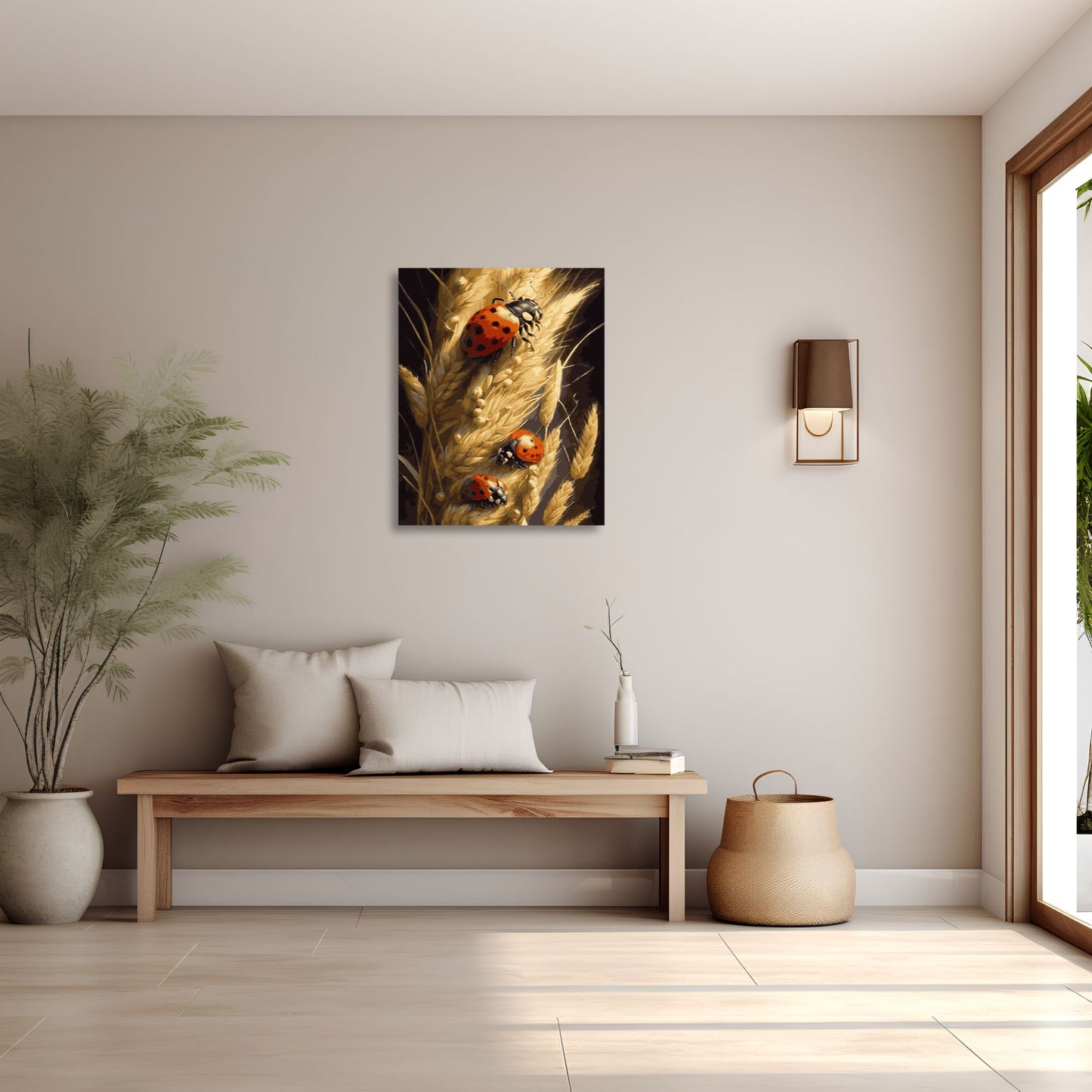 Salon minimaliste avec un banc en bois clair décoré de coussins beiges, une plante verte en pot à gauche et une peinture de coccinelles sur des épis de blé accrochée au mur beige. La pièce est éclairée par la lumière naturelle entrant par une grande porte vitrée.