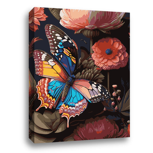 Un papillon coloré et détaillé au milieu de fleurs épanouies sur un fond sombre, évoquant la beauté artistique de la nature.