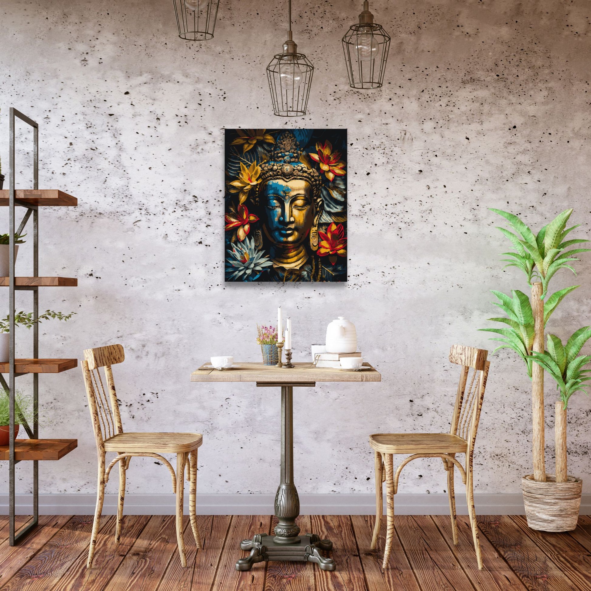 Coin repas de style rustique avec une table en bois et une peinture de Bouddha colorée, apportant une ambiance de sérénité et d'élégance dans un décor industriel et naturel.
