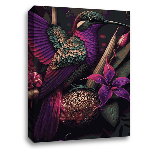 Un colibri coloré aux plumes vibrantes de vert et de violet est perché sur une branche, entouré par des fleurs exotiques et un nid, illustrant une scène sereine et pittoresque de la nature