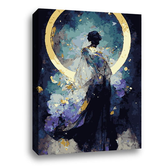 Une silhouette féminine mise en évidence contre un fond de lune et de fleurs, mélangeant des couleurs sombres et lumineuses pour créer une atmosphère mystique.