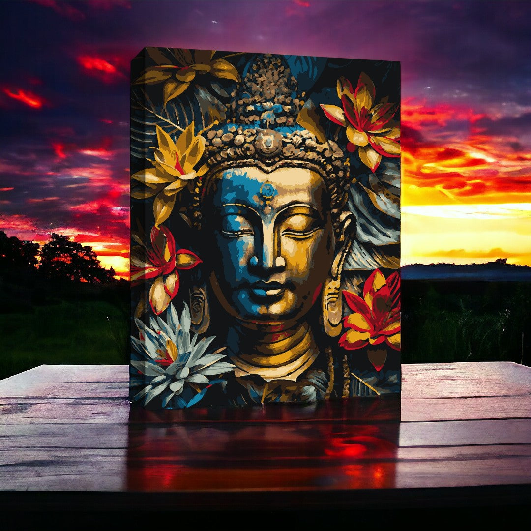 Peinture représentant le visage serein d’une statue de Bouddha entourée de fleurs colorées, posée sur une table en bois avec un coucher de soleil vibrant en arrière-plan. Les couleurs vives de la peinture et du ciel se complètent, créant une ambiance paisible.
