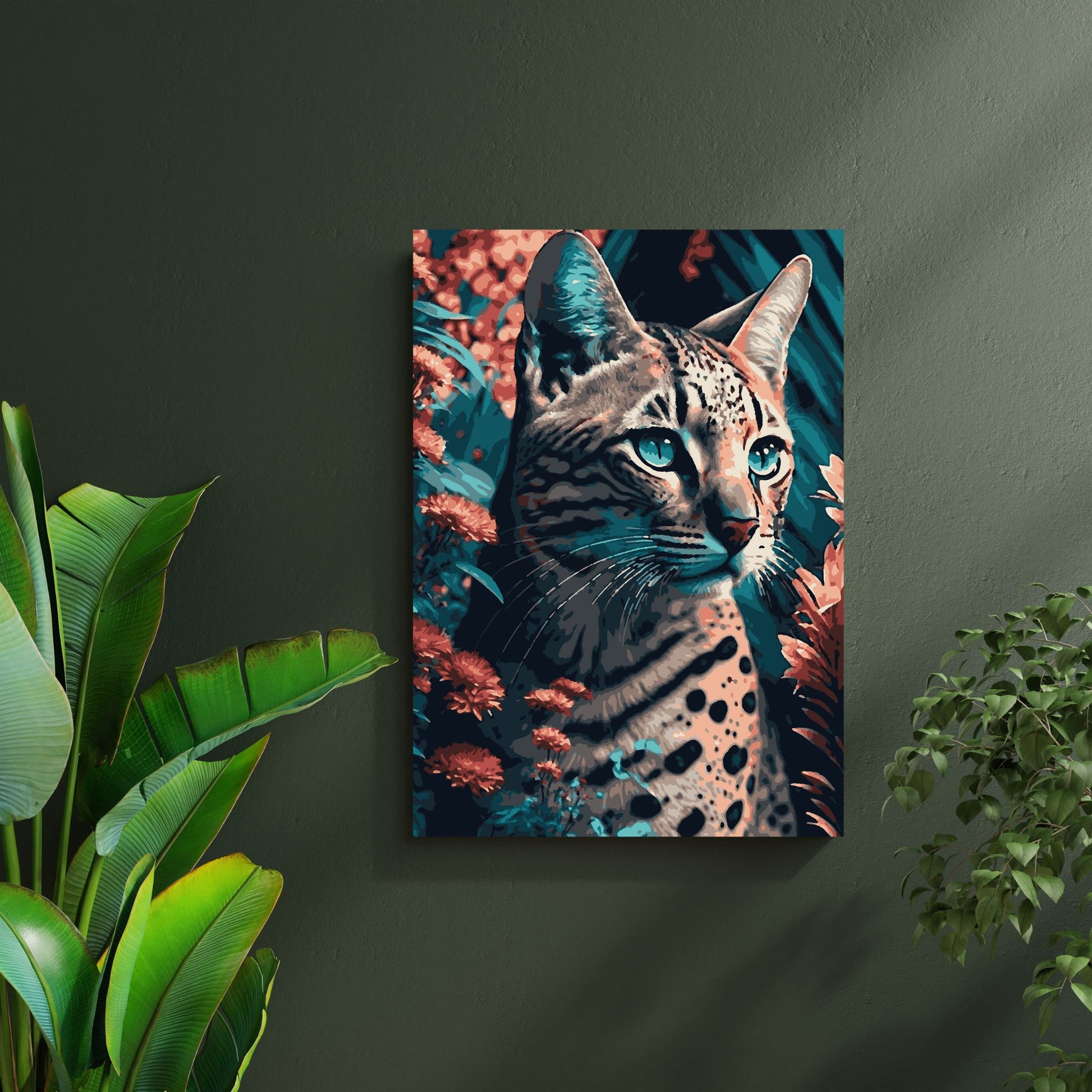 Peinture d'un chat sauvage aux yeux perçants, entouré de fleurs aux teintes chaudes, accrochée sur un mur vert foncé. Des plantes vertes en pot complètent l'ambiance naturelle de l'espace.