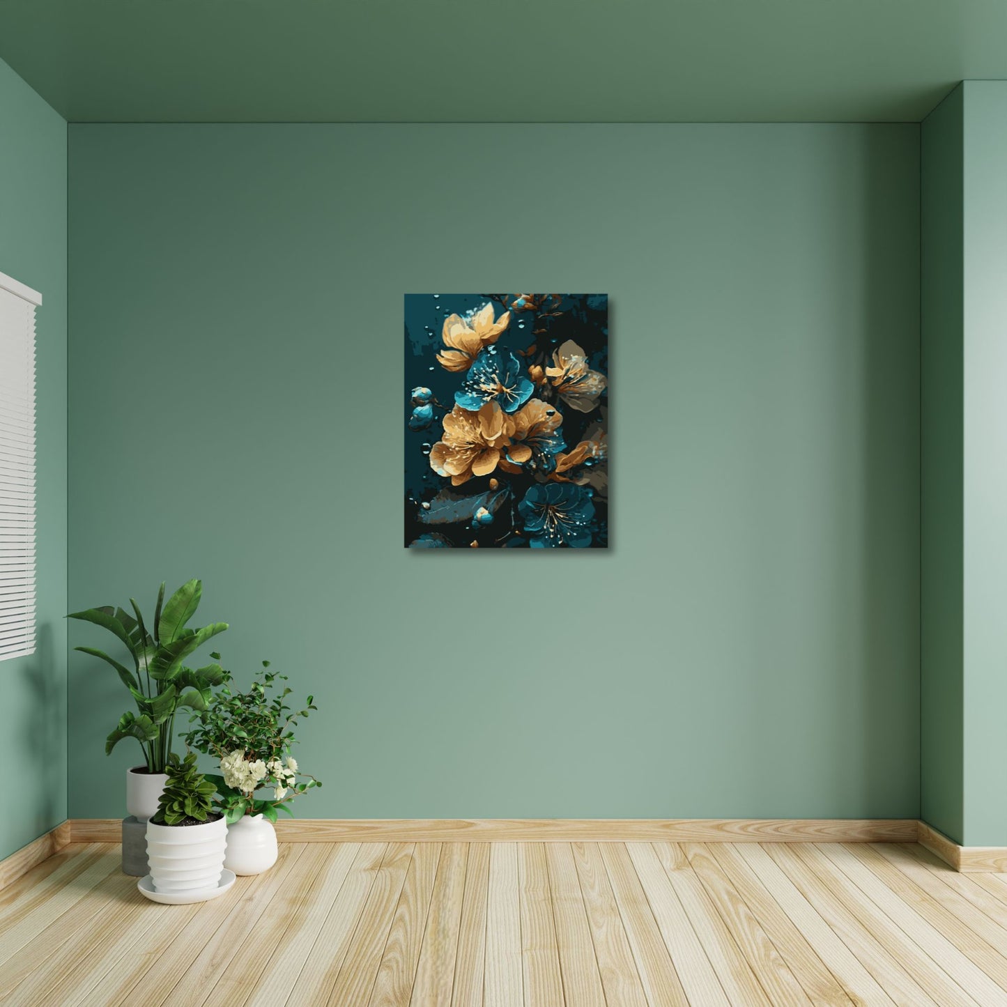 Tableau de fleurs jaunes et bleues accroché dans une pièce aux murs verts, apportant une touche de couleur et d'élégance naturelle à un décor minimaliste et apaisant.