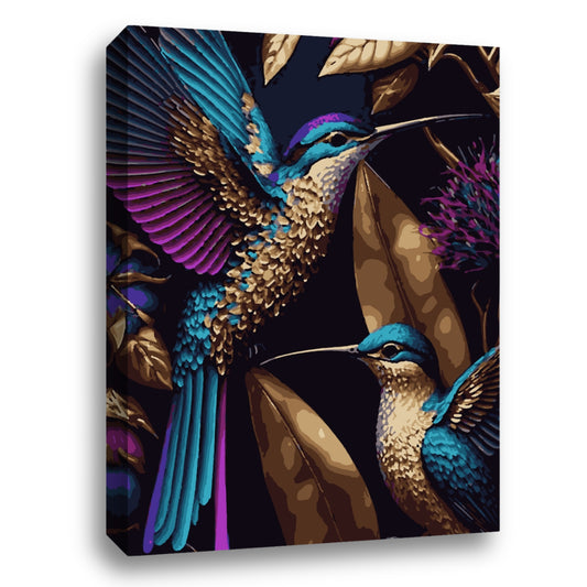 Colibri bleu-violet avec des feuilles d’arbre, peint avec des couleurs métalliques scintillantes.