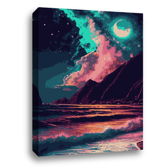 Une image artistique représentant une nuit étoilée avec une lune brillante, des nuages colorés, des montagnes sombres et un océan calme reflétant la beauté du ciel nocturne.