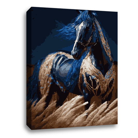 Une image vivante d'un cheval majestueux à la crinière bleue, émergeant avec force et grâce des vagues dorées et orageuses du blé.