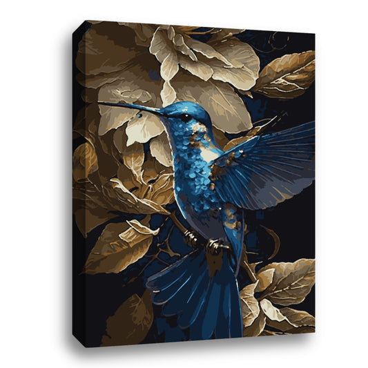 Un oiseau bleu vibrant avec des plumes détaillées est au centre de l’image, entouré de feuilles dorées et brunes sur un fond sombre, créant une atmosphère mystique et élégante.