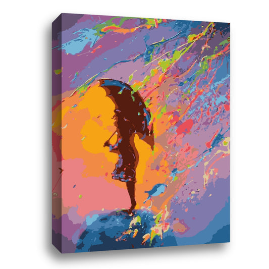 Une peinture vive et colorée montrant la silhouette d'une personne tenant un parapluie. Le fond est rempli d'éclaboussures de couleurs flamboyantes, avec des nuances de rose, orange, bleu et vert, évoquant un mélange d'énergie et de mouvement.
