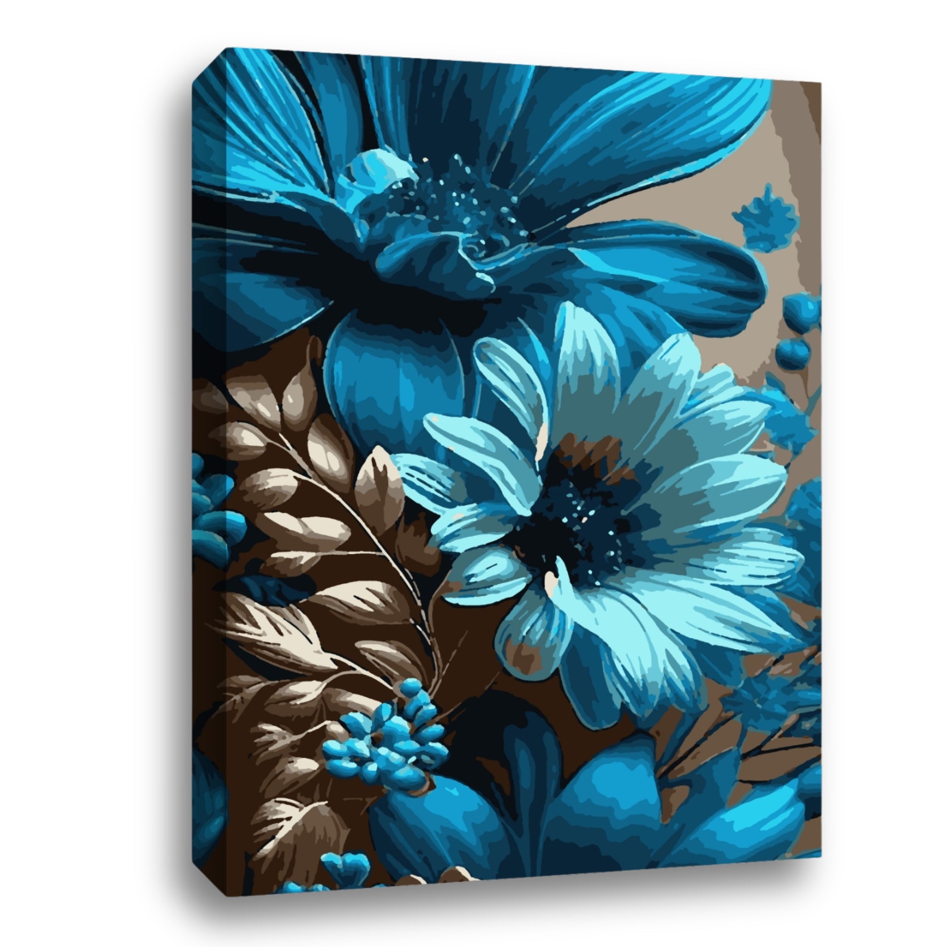 Une œuvre d’art vibrante représentant des fleurs bleues et turquoise éclatantes avec des détails sombres et des feuilles brunes, créant un contraste visuel saisissant.