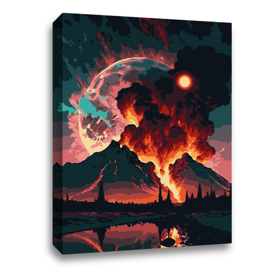 Une image artistique représentant une éruption volcanique dramatique avec des montagnes en silhouette, un ciel tumultueux et un reflet vibrant dans l’eau