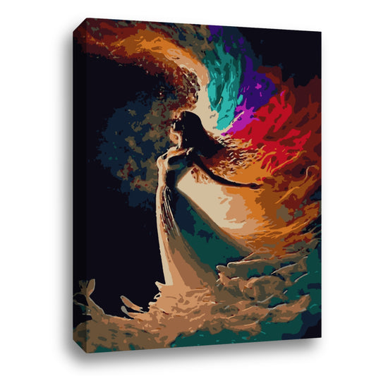 Une femme émergeant d’une vague, entourée par un tourbillon de couleurs vives et sombres