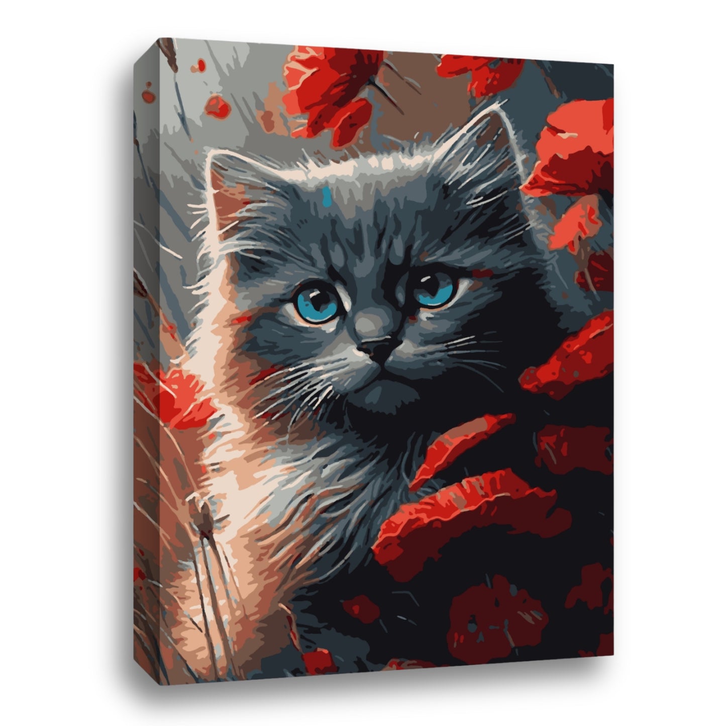 Une peinture d’un chaton aux yeux bleus entouré de fleurs rouges, exprimée avec des coups de pinceau expressifs sur une toile visible