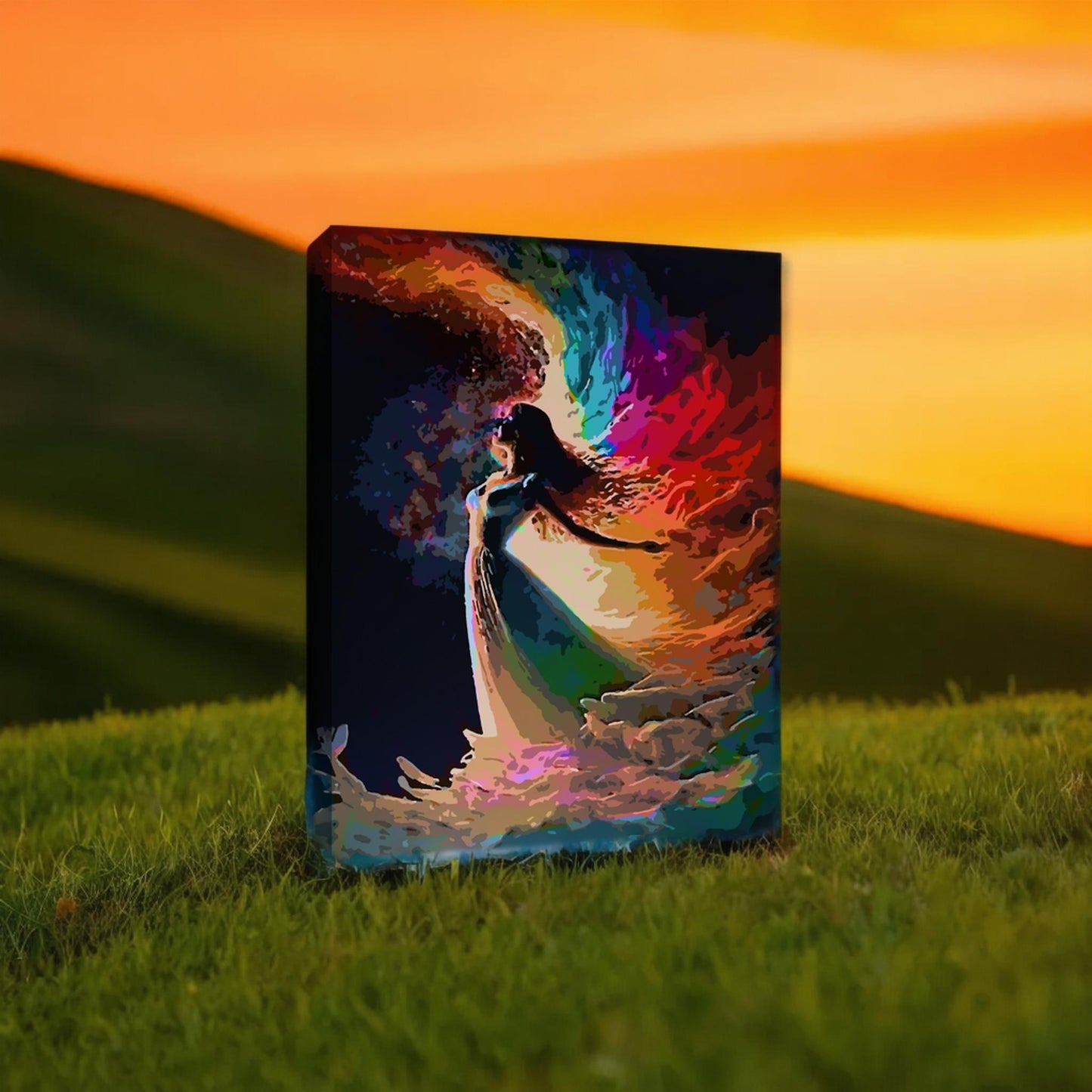 Une peinture colorée d’une femme en robe fluide, entourée d’une explosion de couleurs vives, posée sur l’herbe avec un coucher de soleil en arrière-plan.