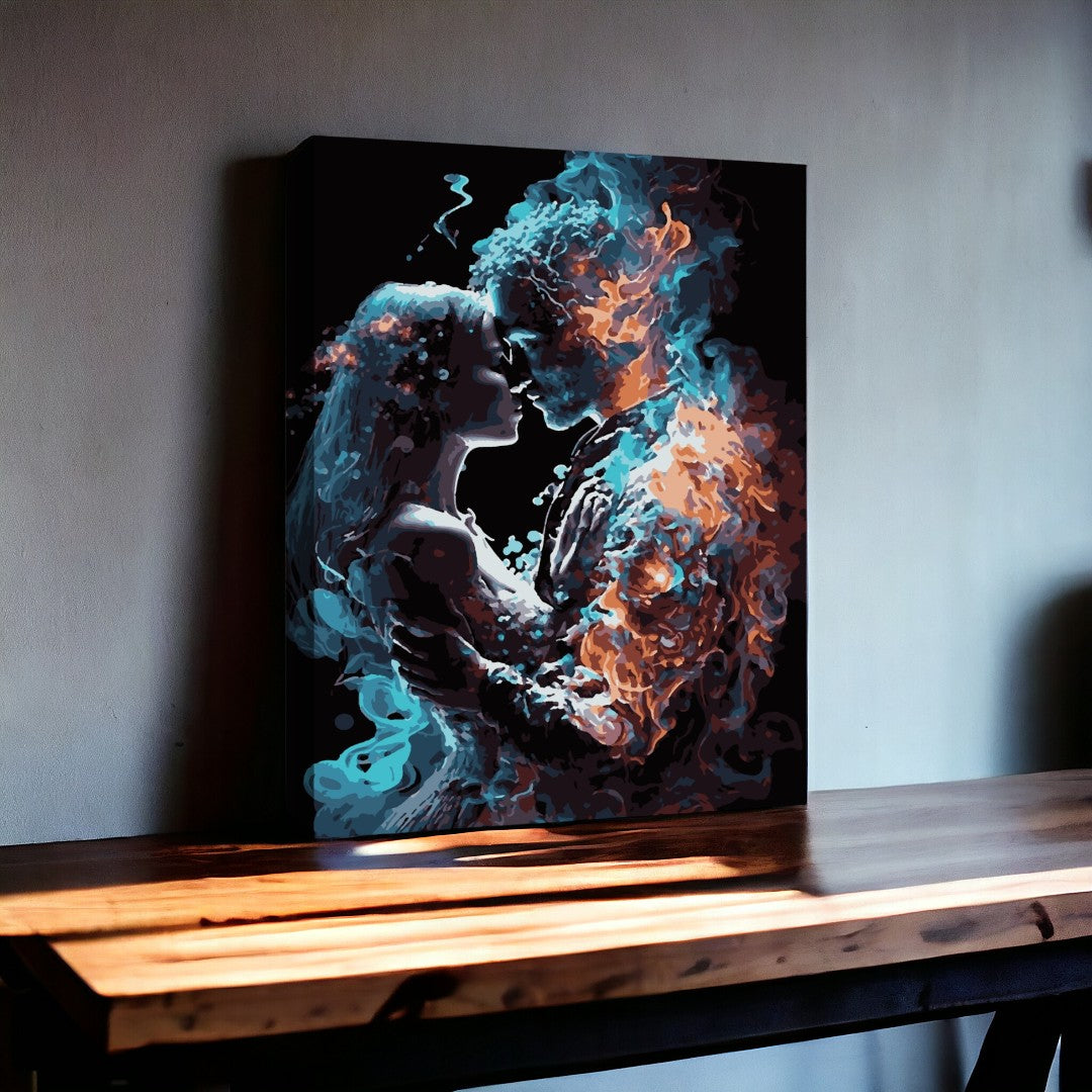 Une œuvre d’art sur toile représentant deux personnes se transformant en une explosion de fumée colorée, symbolisant peut-être la passion ou l’énergie entre elles