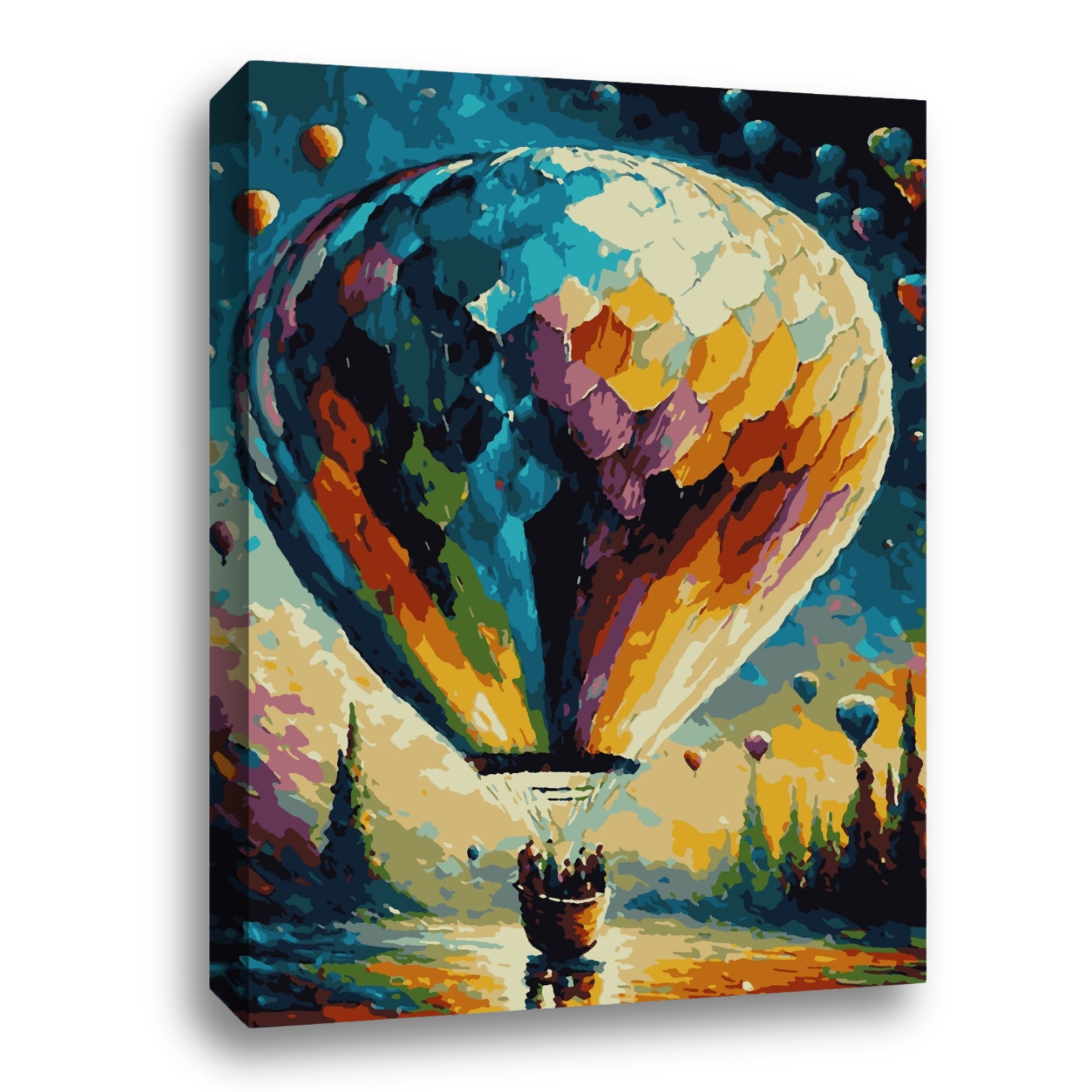 Une peinture colorée représentant un ballon à air chaud multicolore flottant majestueusement au-dessus d’un paysage naturel, avec d’autres ballons à air chaud visibles en arrière-plan