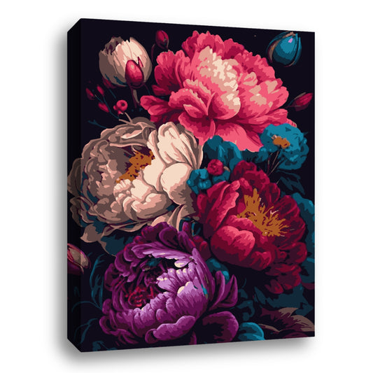 Une image artistique et colorée représentant un bouquet de fleurs luxuriantes, avec des pétales détaillés dans des teintes de rouge, rose, violet et bleu sur un fond sombre