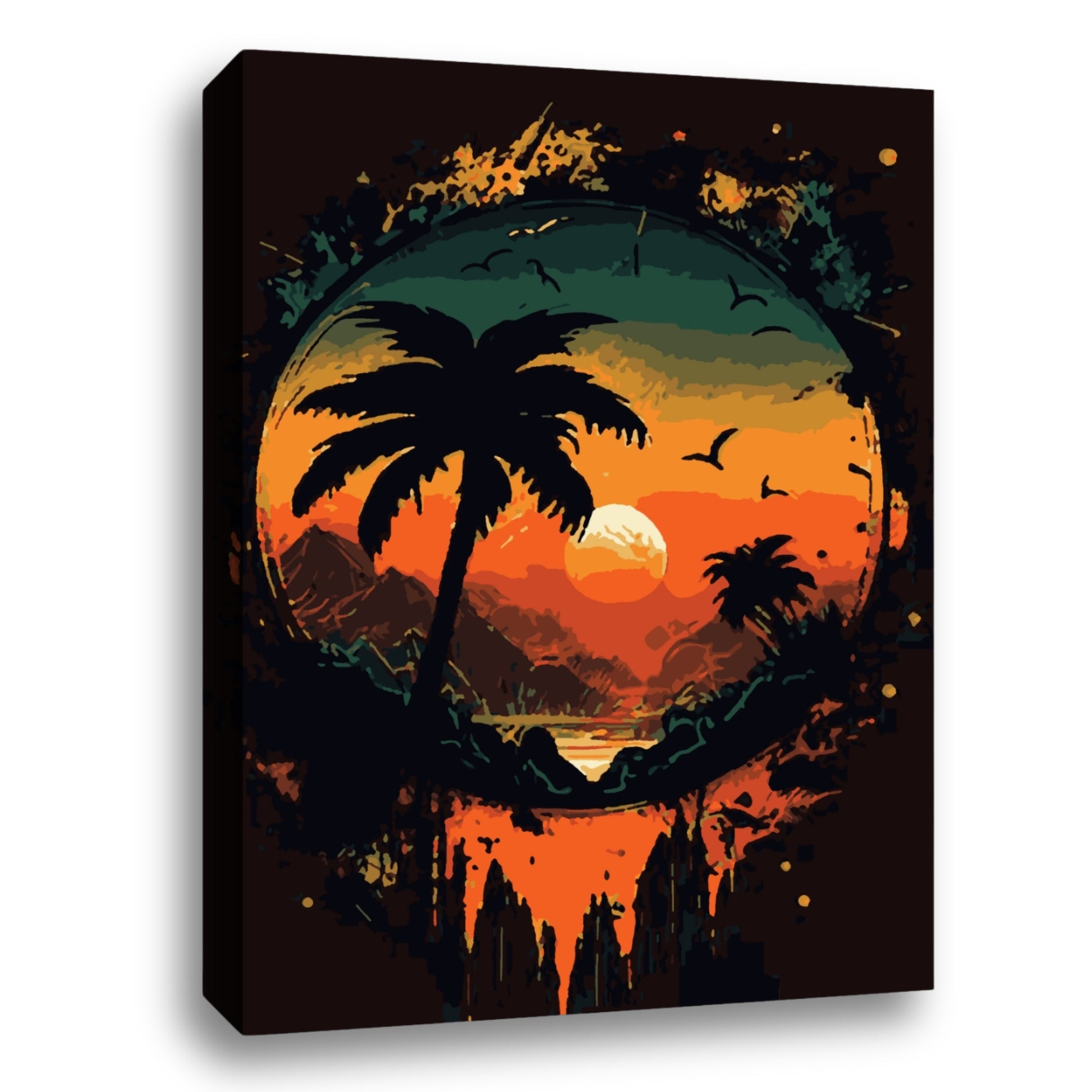 Une peinture vive et tropicale, montrant un coucher de soleil encadré par des silhouettes de palmiers et des montagnes. Les tons dominants sont l'orange brûlé, le vert et le noir, créant une ambiance exotique et chaleureuse.