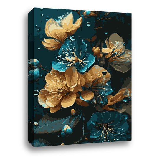 Une œuvre d’art captivante représentant des fleurs dorées et bleues éclatantes sur un fond sombre, illustrant un contraste visuel saisissant et une beauté naturelle