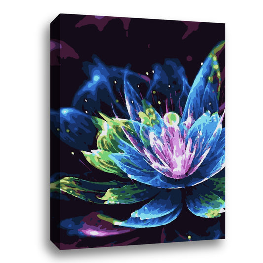 Une peinture vibrante et colorée d’une fleur de lotus, avec des teintes de bleu, vert et rose se détachant sur un fond sombre, créant une atmosphère mystique et énergique