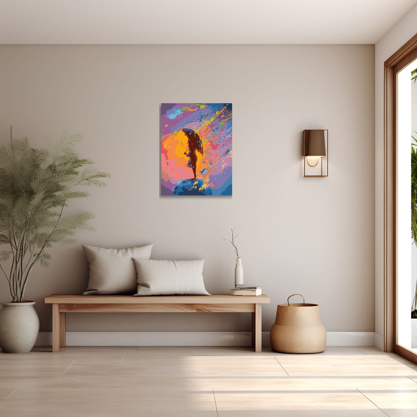 Une peinture moderne montrant une silhouette tenant un parapluie, se détachant sur un arrière-plan éclatant de couleurs vives, avec des nuances dominantes de rose, orange, bleu et violet. L’œuvre est accrochée dans un salon minimaliste aux tons neutres.
